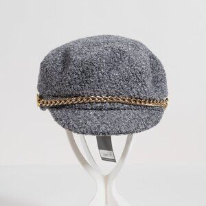 Scala Pronto Grey Bouclé Fisherman Cap with Gold Chain NWT